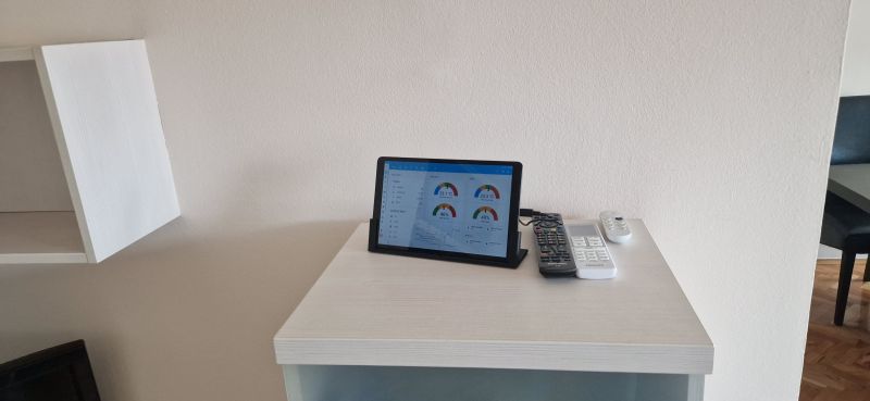 Tablet as Home Assistant Control Panel Old Samsung Tab A10 tablet on a white stand displaying a Home Assistant control panel.
