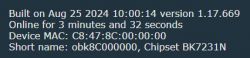 Screen displaying device software details with MAC and chipset.