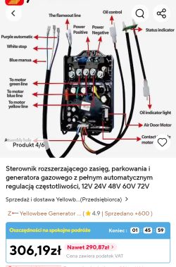 Sterownik generatora z oznaczonymi przewodami i funkcjami, widok z przodu
