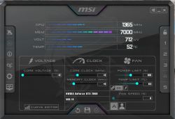 Zrzut ekranu z oprogramowania MSI Afterburner pokazujący parametry karty graficznej.