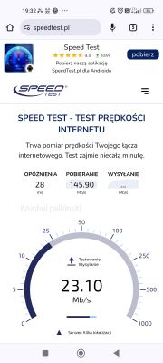 Zrzut ekranu z aplikacji Speed Test pokazujący test prędkości internetu.