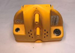 Image of a yellow casing base of a Garrett Ace 250 metal detector with visible ports and manufacturer label.