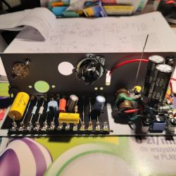 Wnętrze ręcznie wykonanego wzmacniacza lampowego z elementami elektronicznymi