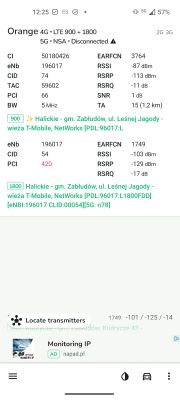 Zrzut ekranu z aplikacji NetMonster prezentujący szczegółowe parametry sygnału LTE 900 i 1800 dla sieci Orange w lokalizacji Halickie, gm. Zabłudów.