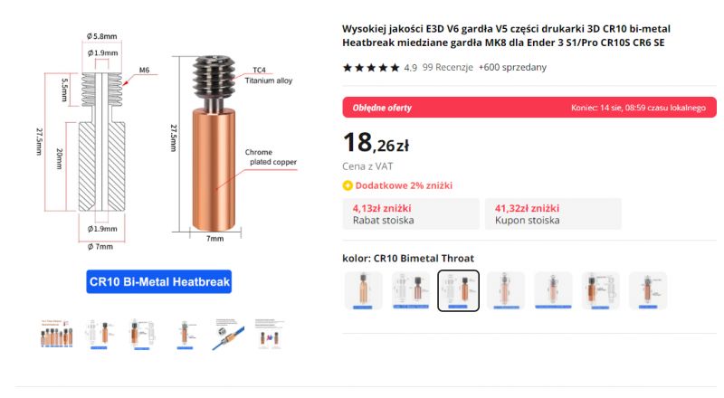 Ender 5 Plus - problemy z PET-G i stosowanie heatbreak