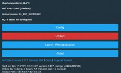 Screenshot of an IoT device user interface showing status information and configuration buttons.