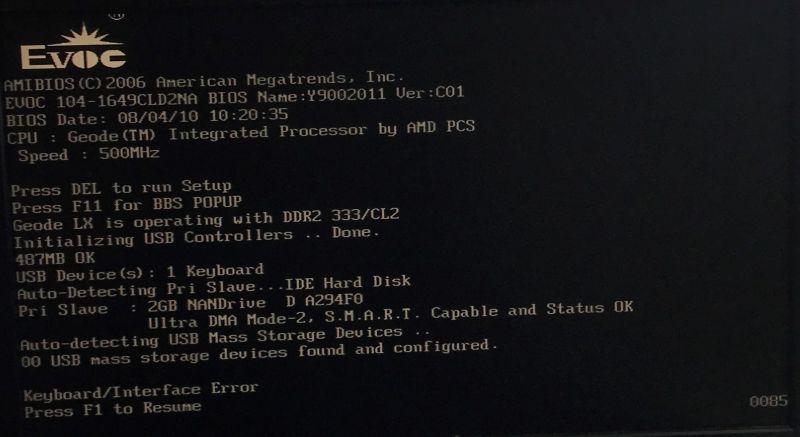 EVOC BIOS screen showing AMD Geode 500 MHz CPU, DDR2 memory, and a 2 GB NANDrive disk