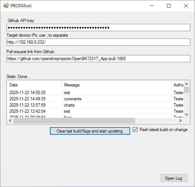 PROTATool window with update log and input for device IP address.