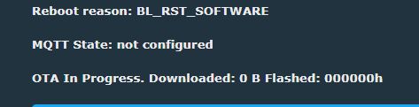 Screenshot with system info: reboot reason, MQTT state, and OTA update progress