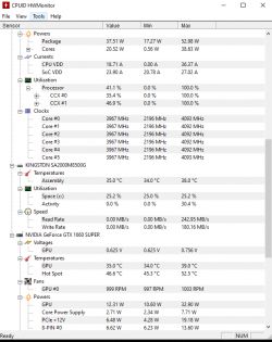 Zrzut ekranu programu HWMonitor z informacjami o temperaturach i napięciach.