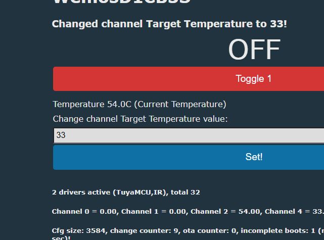 OBK panel after integrating kettle with Home Assistant OBK interface showing current and target temperature with relay control button