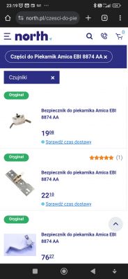 Strona internetowa prezentująca bezpieczniki do piekarnika Amica EBI 8874 AA na sprzedaż.