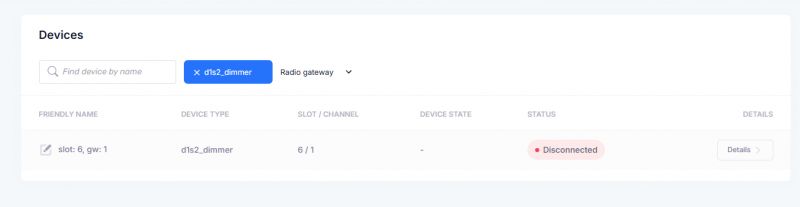 List of devices filtered by d1s2_dimmer; the device is disconnected.