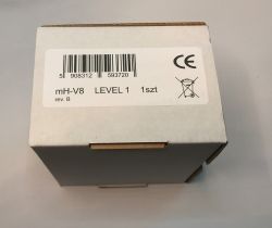 White cardboard box with a label showing barcode, CE marking, and “mH-V8 LEVEL 1 1pc” inscription.