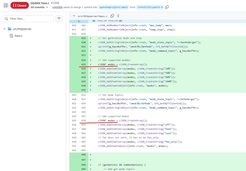 Screenshot showing source code changes in hass.c file on GitHub