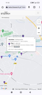 Zrzut ekranu mapy z zaznaczoną lokalizacją BTS w Jarosławiu.