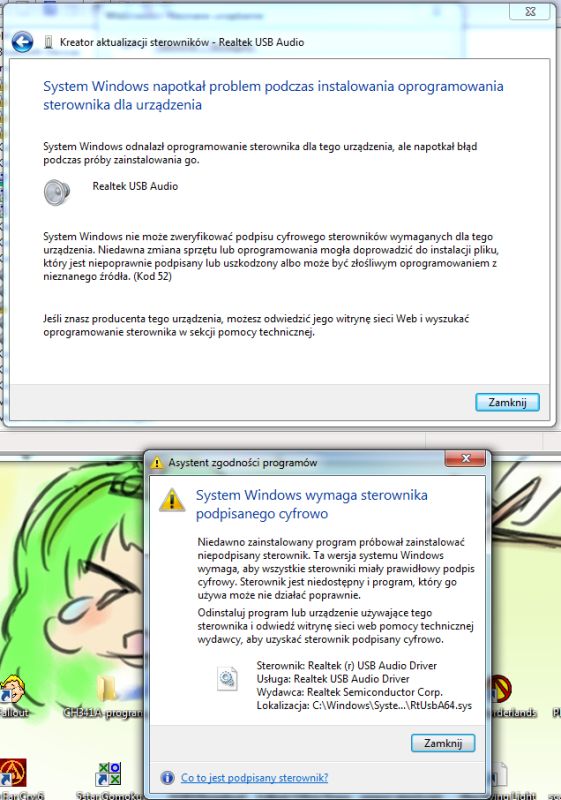 Komunikaty błędów Windows dotyczące problemów z podpisem cyfrowym sterownika Realtek USB Audio