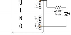 Schemat prostego nadajnika IR z diodą i rezystorem podłączonymi do Arduino.