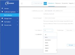 User dashboard on Allwinner website with open SoC platform selection dropdown.
