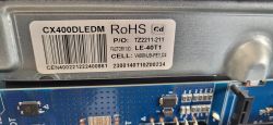 Label with barcode and “CX400DLEDM RoHS” on a metal casing above a blue PCB circuit board