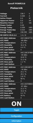 Screenshot of a Sonoff POWR316 panel with ESP32 data displaying energy consumption and temperature and humidity sensors.