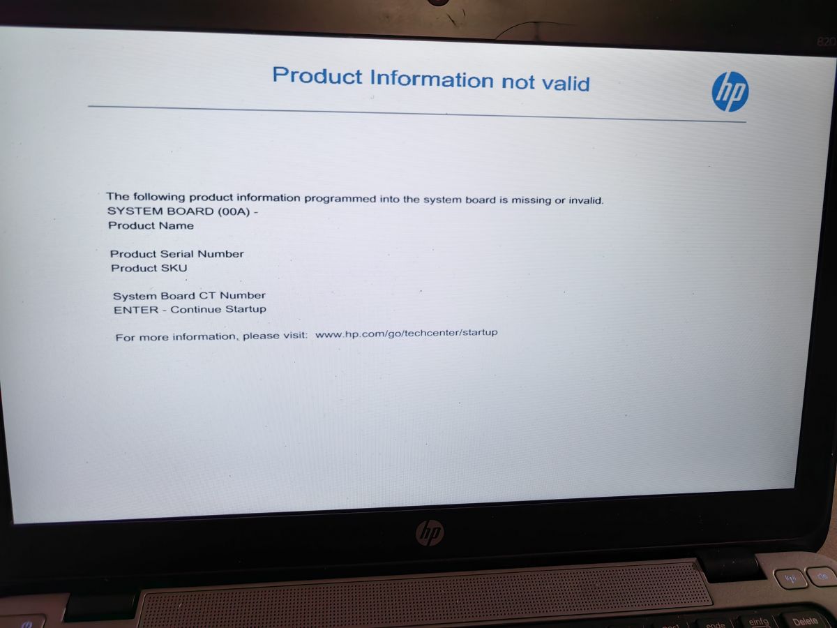 Komunikat przy starcie laptopa "Product Information not Valid" Hp 820 G1