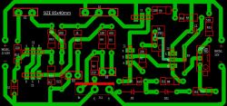 Złożony układ PCB z gęstym splotem ścieżek i oznaczeniami elementów elektronicznych.