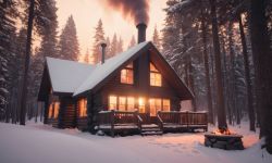 Cabin in a Snowy Forest Cabin in a snowy forest at sunset with smoke rising from the chimney.