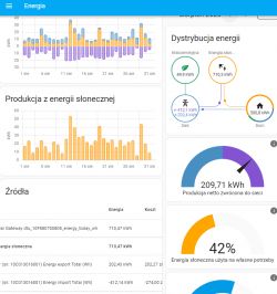 Zrzut ekranu z interfejsu zarządzania energią przedstawiający wykresy i dane dotyczące produkcji i dystrybucji energii.