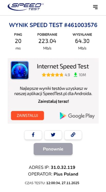 Wynik testu prędkości internetu z pingiem 20 ms, pobieraniem 223,04 Mb/s i wysyłaniem 64,30 Mb/s