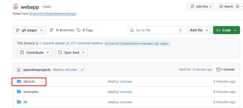 GitHub repo view showing “devices” folder in the gh-pages branch