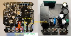 Close-up of a circuit board with annotated paths and marked modification spots, such as relay and additional wire placement.