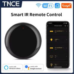 WiFi IR Remote Control Black round WiFi IR remote and a smartphone screen with an app for controlling devices.