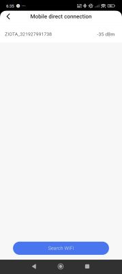 App screen showing Wi-Fi named ZIOTA with signal strength of -35 dBm