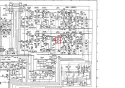 Schematu końcówki mocy Denon PMA-920 z wyróżnionym blokiem Fragment schematu Denon PMA-920 z zaznaczonym czerwonym prostokątem obszarem elementów
