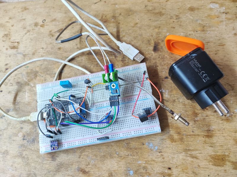 Type K thermocouple with MAX6675 A/D converter module on a breadboard.