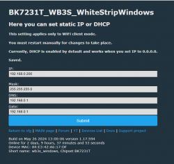 BK7231T network configuration interface with IP and DHCP settings.