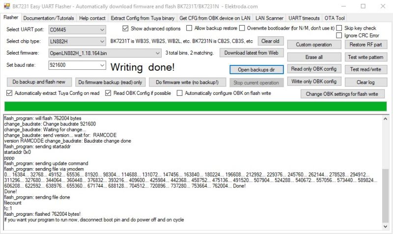 Firmware successfully flashed using BK7231 Easy UART Flasher BK7231 Easy UART Flasher interface showing successful firmware flashing log