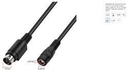 Czarny krótki kabel z wtykiem 4‑pin DIN i wtykiem zasilania DC 5,5 × 2,5 mm z oznaczonymi wymiarami