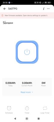 Sonoff S60TPG Control Panel in eWeLink App Mobile app screen for the Sonoff S60TPG smart plug in eWeLink, showing firmware update notification and device stats.