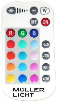 LED light remote with color buttons and Müller Licht branding
