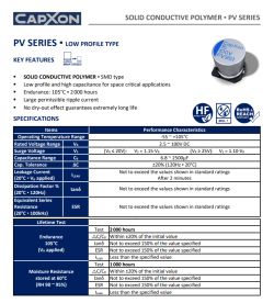 Zrzut datasheet CapXon PV Series: kondensator polimerowy SMD i tabela specyfikacji