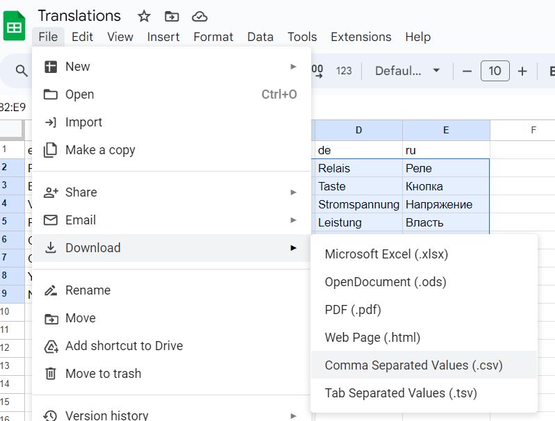 Screenshot of the download menu in Google Sheets showing the CSV option selection.