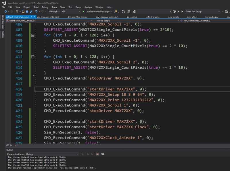 Visual Studio editor showing C code for testing the MAX72XX driver