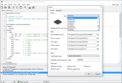 Zrzut ekranu edytora AVRPascal z kodem w języku Pascal i oknem opcji kompilatora.