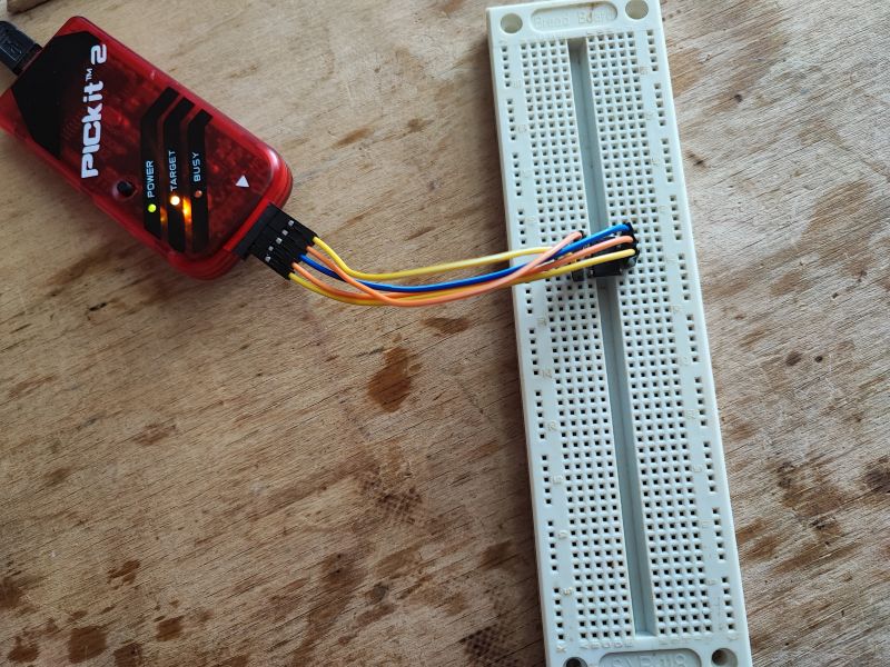 PICKIT2 Programmer with Breadboard PICKIT2 programmer connected to a breadboard.