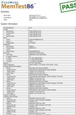 Raport z testu pamięci RAM przy użyciu programu MemTest86 z pozytywnym wynikiem.