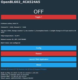 Web interface of an OpenBL602 device with power off and technical information displayed.