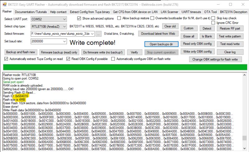 Screenshot of BK7231 Easy UART Flasher showing “Write complete!” and a flashing log.