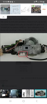 Przełącznik zapłonu z dwoma widocznymi kabelkami w czerwonym prostokącie